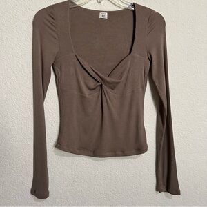 Aritzia Sunday Best Taupe Gray Brown Cross Front Fitted Long Sleeve Top Small